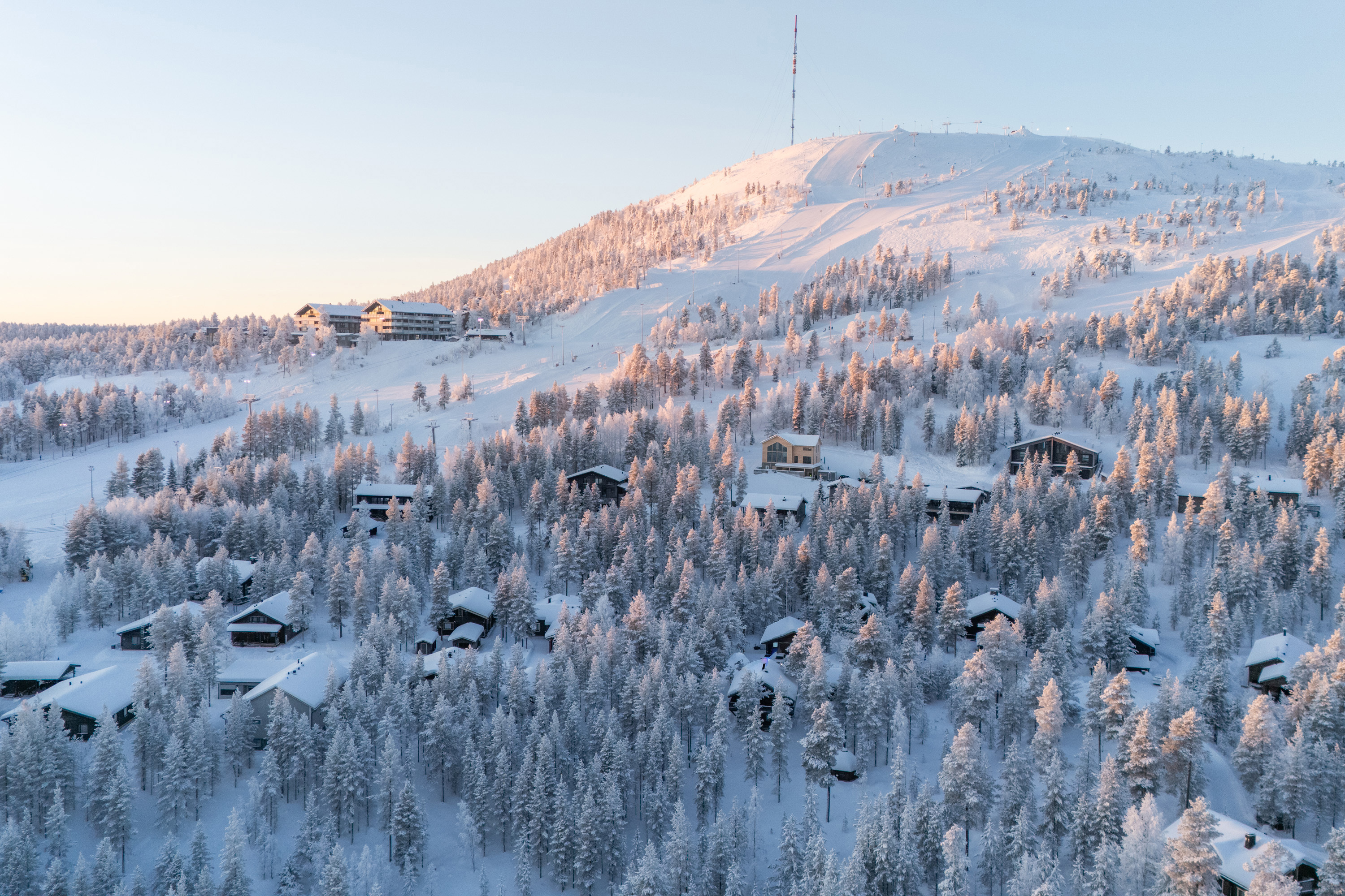 Snow-covered fells above the village of Pyhätunturi